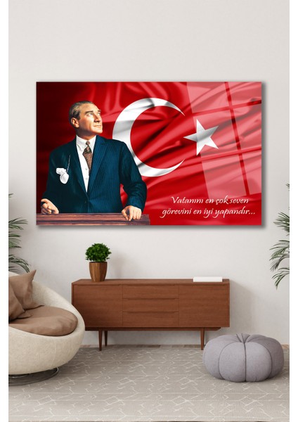 Atatürk Portresi ve Türk Bayrağı Vatanını En Çok Seven Cam Tablo Iş Ofis Makam Odası Hediyelik Tablo