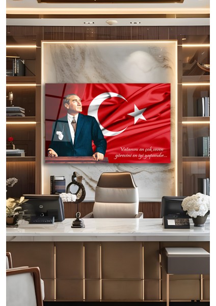 Atatürk Portresi ve Türk Bayrağı Vatanını En Çok Seven Cam Tablo Iş Ofis Makam Odası Hediyelik Tablo fiyatları