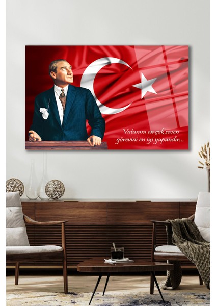 Atatürk Portresi ve Türk Bayrağı Vatanını En Çok Seven Cam Tablo Iş Ofis Makam Odası Hediyelik Tablo modelleri