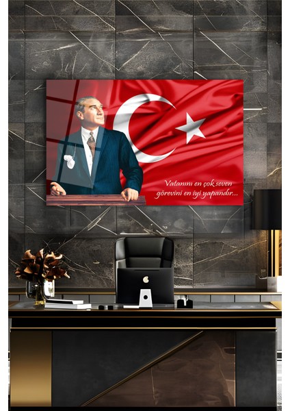Atatürk Portresi ve Türk Bayrağı Vatanını En Çok Seven Cam Tablo Iş Ofis Makam Odası Hediyelik Tablo fırsatları