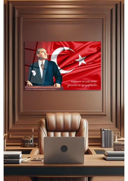 Atatürk Portresi ve Türk Bayrağı Vatanını En Çok Seven Cam Tablo Iş Ofis Makam Odası Hediyelik Tablo indirimleri