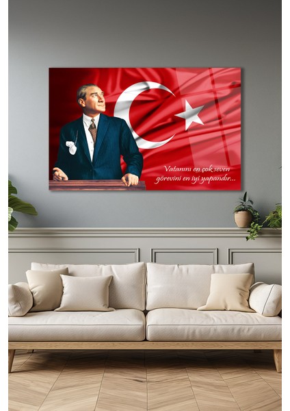 Atatürk Portresi ve Türk Bayrağı Vatanını En Çok Seven Cam Tablo Iş Ofis Makam Odası Hediyelik Tablo