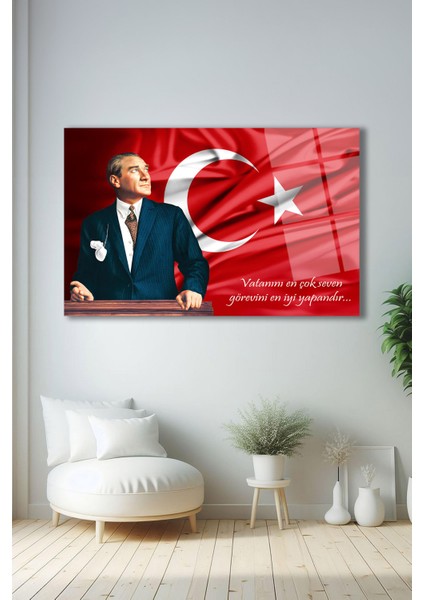 Atatürk Portresi ve Türk Bayrağı Vatanını En Çok Seven Cam Tablo Iş Ofis Makam Odası Hediyelik Tablo