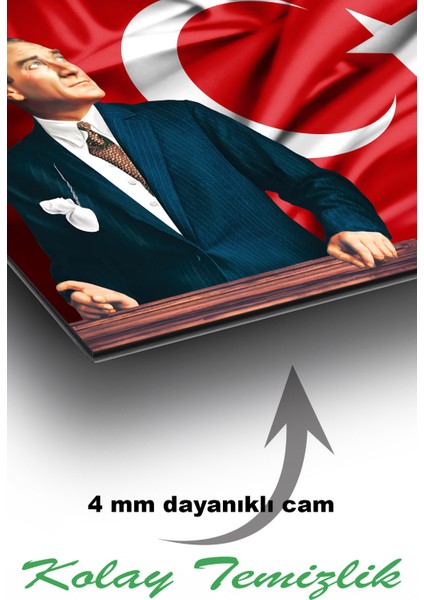 Atatürk Portresi ve Türk Bayrağı Vatanını En Çok Seven Cam Tablo Iş Ofis Makam Odası Hediyelik Tablo