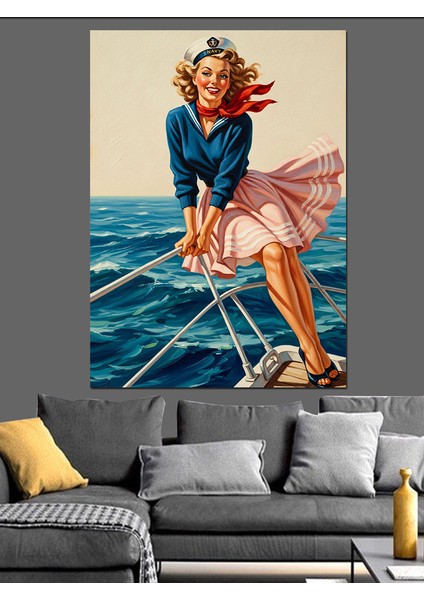Retro Pin-Up Elbiseli Kadın Dekoratif Kanvas - Mdf Ahşap Tablo