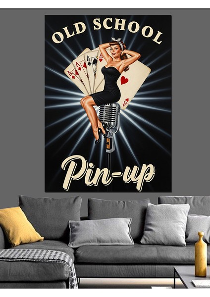 Poker Kartlı Retro Pin-Up Dekoratif Kanvas - Mdf Ahşap Tablo