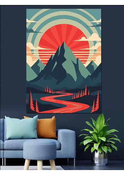 Retro Tarzı Güneşli Dağlar Dekoratif Kanvas - Mdf Ahşap Tablo fiyatları