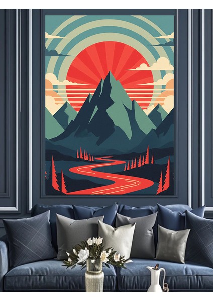 Retro Tarzı Güneşli Dağlar Dekoratif Kanvas - Mdf Ahşap Tablo fırsatları