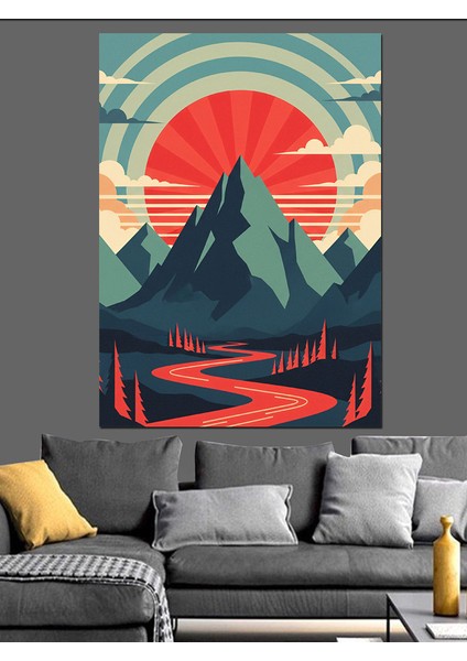 Retro Tarzı Güneşli Dağlar Dekoratif Kanvas - Mdf Ahşap Tablo indirimleri