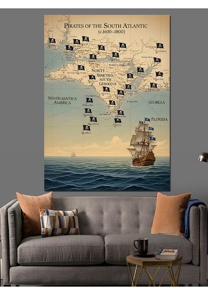 Eski Gemi ve Korsan Haritası Dekoratif Kanvas - Mdf Ahşap Tablo