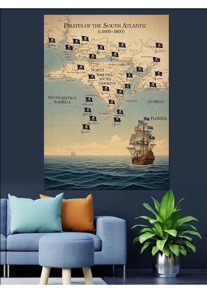 Eski Gemi ve Korsan Haritası Dekoratif Kanvas - Mdf Ahşap Tablo fiyatları