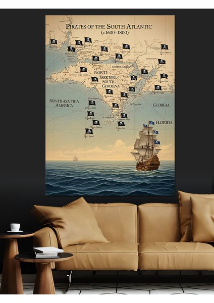 Eski Gemi ve Korsan Haritası Dekoratif Kanvas - Mdf Ahşap Tablo modelleri
