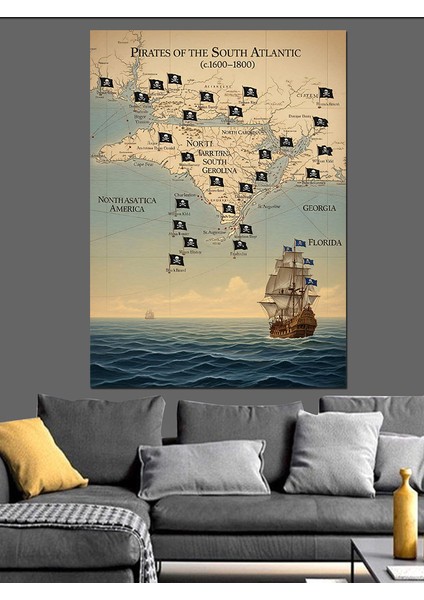 Eski Gemi ve Korsan Haritası Dekoratif Kanvas - Mdf Ahşap Tablo indirimleri