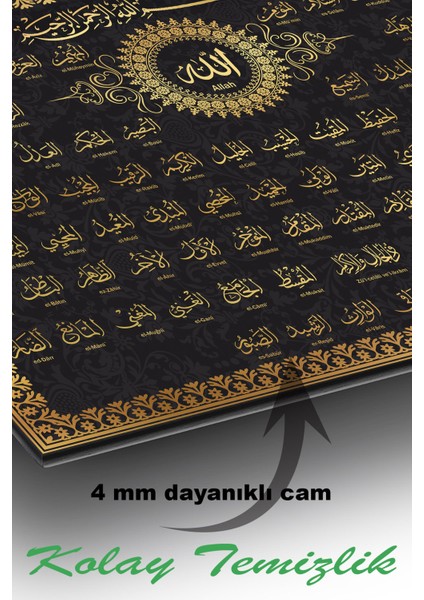 Esmaül Hüsna Allah'ın 99 Adı Dini Islami Cam Tablo, Ev, Salon, Ofis, Hediyelik Büyük Tablo