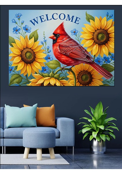 Ayçiçeği ve Kardinal Kuşu Hoşgeldiniz Dekoratif Kanvas - Mdf Ahşap Tablo