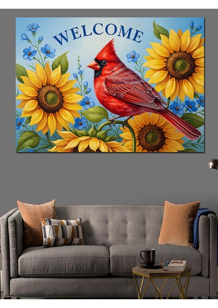 Ayçiçeği ve Kardinal Kuşu Hoşgeldiniz Dekoratif Kanvas - Mdf Ahşap Tablo fiyatları