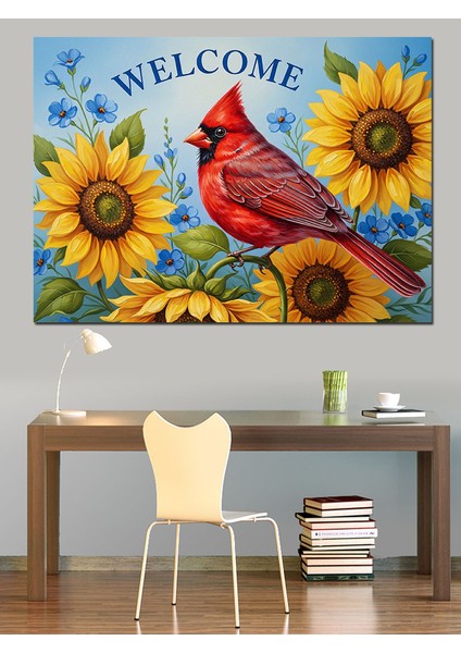 Ayçiçeği ve Kardinal Kuşu Hoşgeldiniz Dekoratif Kanvas - Mdf Ahşap Tablo modelleri