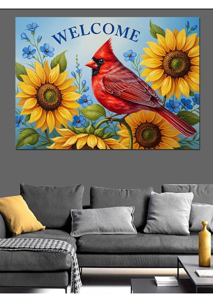 Ayçiçeği ve Kardinal Kuşu Hoşgeldiniz Dekoratif Kanvas - Mdf Ahşap Tablo fırsatları