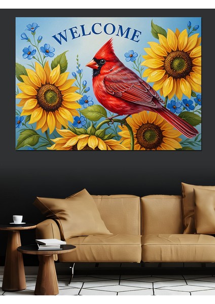 Ayçiçeği ve Kardinal Kuşu Hoşgeldiniz Dekoratif Kanvas - Mdf Ahşap Tablo indirimleri