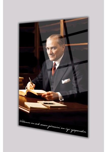 Atatürk Portresi Vatanını En Çok Seven Görevini Cam Tablo Iş Ofis Makam Odası Hediyelik Tablo