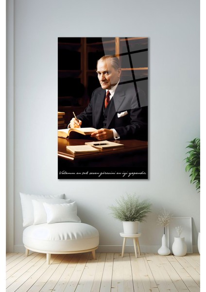 Atatürk Portresi Vatanını En Çok Seven Görevini Cam Tablo Iş Ofis Makam Odası Hediyelik Tablo fiyatları