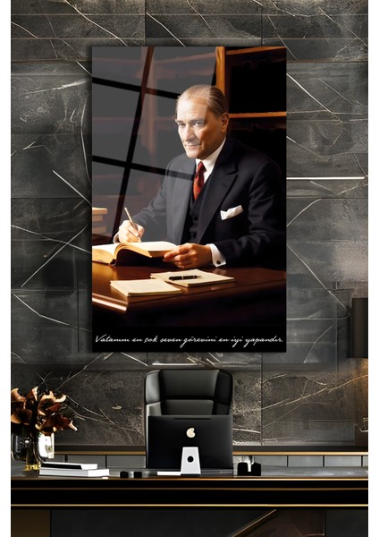 Atatürk Portresi Vatanını En Çok Seven Görevini Cam Tablo Iş Ofis Makam Odası Hediyelik Tablo fırsatları