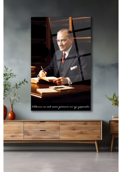 Atatürk Portresi Vatanını En Çok Seven Görevini Cam Tablo Iş Ofis Makam Odası Hediyelik Tablo