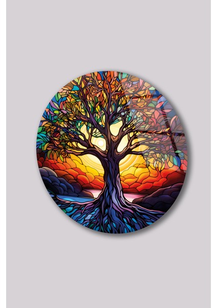 Renkli Hayat Ağacı Yuvarlak Cam Tablo, Ev Iş Salon Büyük Hediyelik Tablo