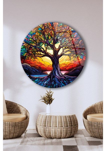 Renkli Hayat Ağacı Yuvarlak Cam Tablo, Ev Iş Salon Büyük Hediyelik Tablo fiyatları