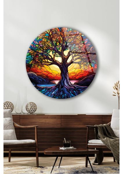 Renkli Hayat Ağacı Yuvarlak Cam Tablo, Ev Iş Salon Büyük Hediyelik Tablo modelleri
