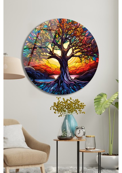 Renkli Hayat Ağacı Yuvarlak Cam Tablo, Ev Iş Salon Büyük Hediyelik Tablo fırsatları