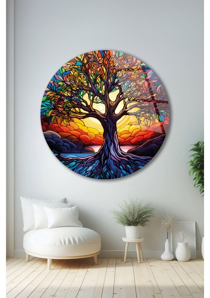 Renkli Hayat Ağacı Yuvarlak Cam Tablo, Ev Iş Salon Büyük Hediyelik Tablo indirimleri