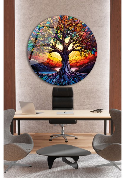 Renkli Hayat Ağacı Yuvarlak Cam Tablo, Ev Iş Salon Büyük Hediyelik Tablo