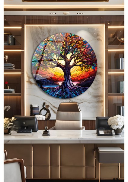 Renkli Hayat Ağacı Yuvarlak Cam Tablo, Ev Iş Salon Büyük Hediyelik Tablo