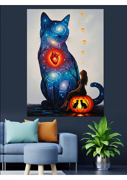 Mavi Kedi Cadılar Bayramı Dekoratif Kanvas - Mdf Ahşap Tablo
