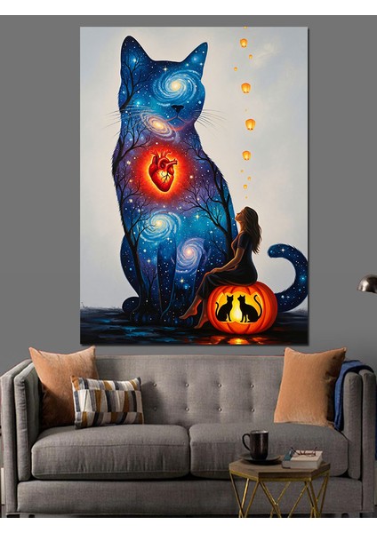 Mavi Kedi Cadılar Bayramı Dekoratif Kanvas - Mdf Ahşap Tablo fiyatları