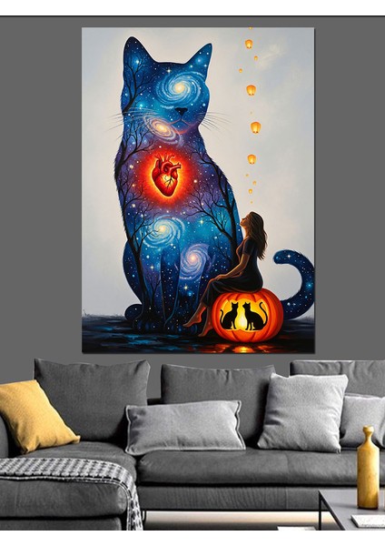 Mavi Kedi Cadılar Bayramı Dekoratif Kanvas - Mdf Ahşap Tablo modelleri