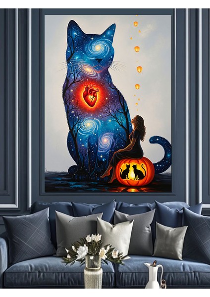 Mavi Kedi Cadılar Bayramı Dekoratif Kanvas - Mdf Ahşap Tablo fırsatları