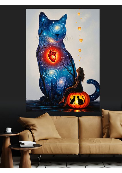 Mavi Kedi Cadılar Bayramı Dekoratif Kanvas - Mdf Ahşap Tablo indirimleri