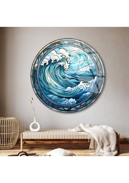Mavi Deniz Dalgaları Yuvarlak Cam Tablo Manzara, Salon Tablosu Ev Hediyesi Büyük Duvar Dekoru