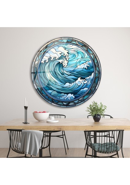 Mavi Deniz Dalgaları Yuvarlak Cam Tablo Manzara, Salon Tablosu Ev Hediyesi Büyük Duvar Dekoru modelleri