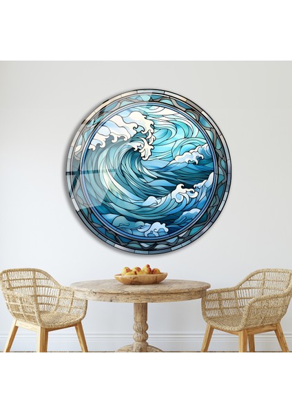 Mavi Deniz Dalgaları Yuvarlak Cam Tablo Manzara, Salon Tablosu Ev Hediyesi Büyük Duvar Dekoru fırsatları