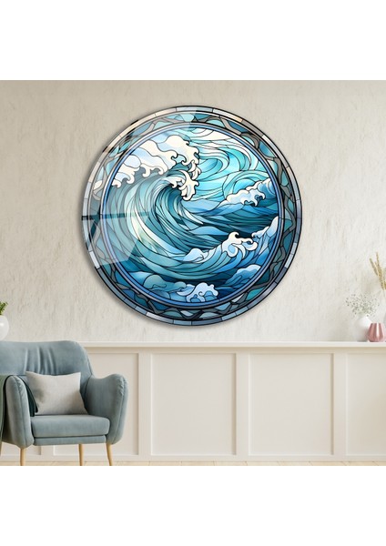 Mavi Deniz Dalgaları Yuvarlak Cam Tablo Manzara, Salon Tablosu Ev Hediyesi Büyük Duvar Dekoru indirimleri
