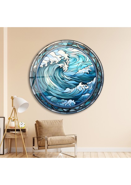 Mavi Deniz Dalgaları Yuvarlak Cam Tablo Manzara, Salon Tablosu Ev Hediyesi Büyük Duvar Dekoru