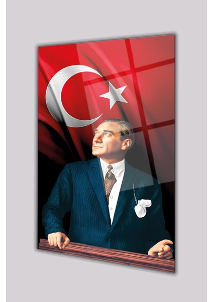 Atatürk Portresi ve Türk Bayrağı Dikey Cam Tablo, Ev, Iş, Kurum, Ofis, Makam Odası Hediyelik Tablo