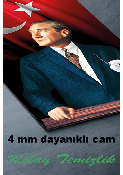 Atatürk Portresi ve Türk Bayrağı Dikey Cam Tablo, Ev, Iş, Kurum, Ofis, Makam Odası Hediyelik Tablo