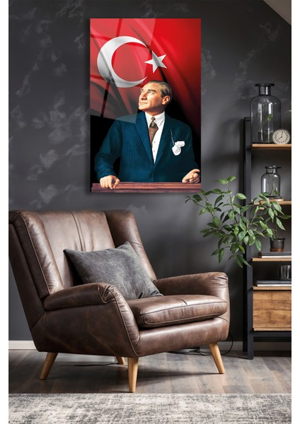 Atatürk Portresi ve Türk Bayrağı Dikey Cam Tablo, Ev, Iş, Kurum, Ofis, Makam Odası Hediyelik Tablo