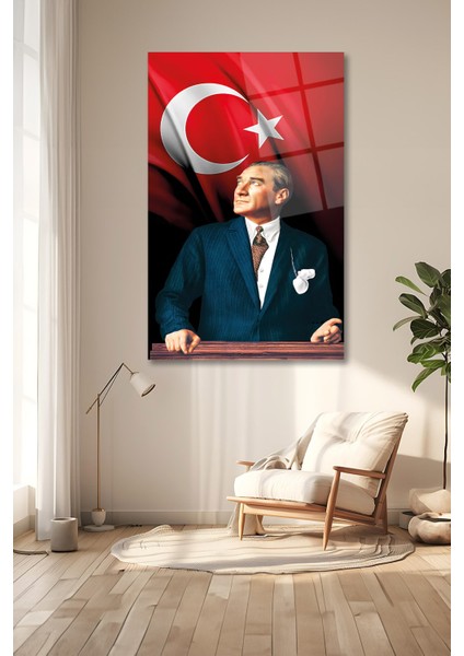 Atatürk Portresi ve Türk Bayrağı Dikey Cam Tablo, Ev, Iş, Kurum, Ofis, Makam Odası Hediyelik Tablo