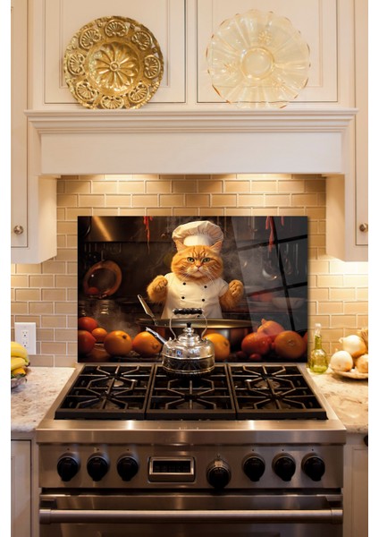 Ocak Arkası Cam Koruyucu, Tezgah Ankastre Arkası Koruyucu, Isıya Dayanıklı, Sarı Kedi Dekoratif Cam