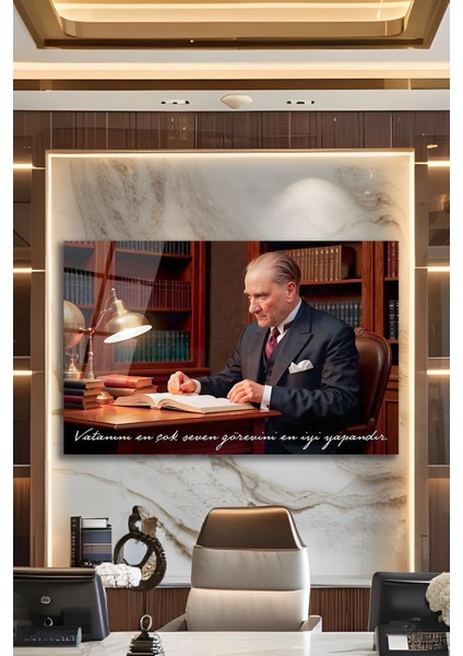 Atatürk Portresi Vatanını En Çok Seven Görevini Cam Tablo Iş Ofis Makam Odası Hediyelik Tablo fiyatları